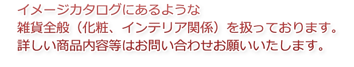 イメージカタログにあるような雑貨全般（化粧、インテリア関係）を扱っております。詳しい商品内容等はお問い合わせお願いいたします。